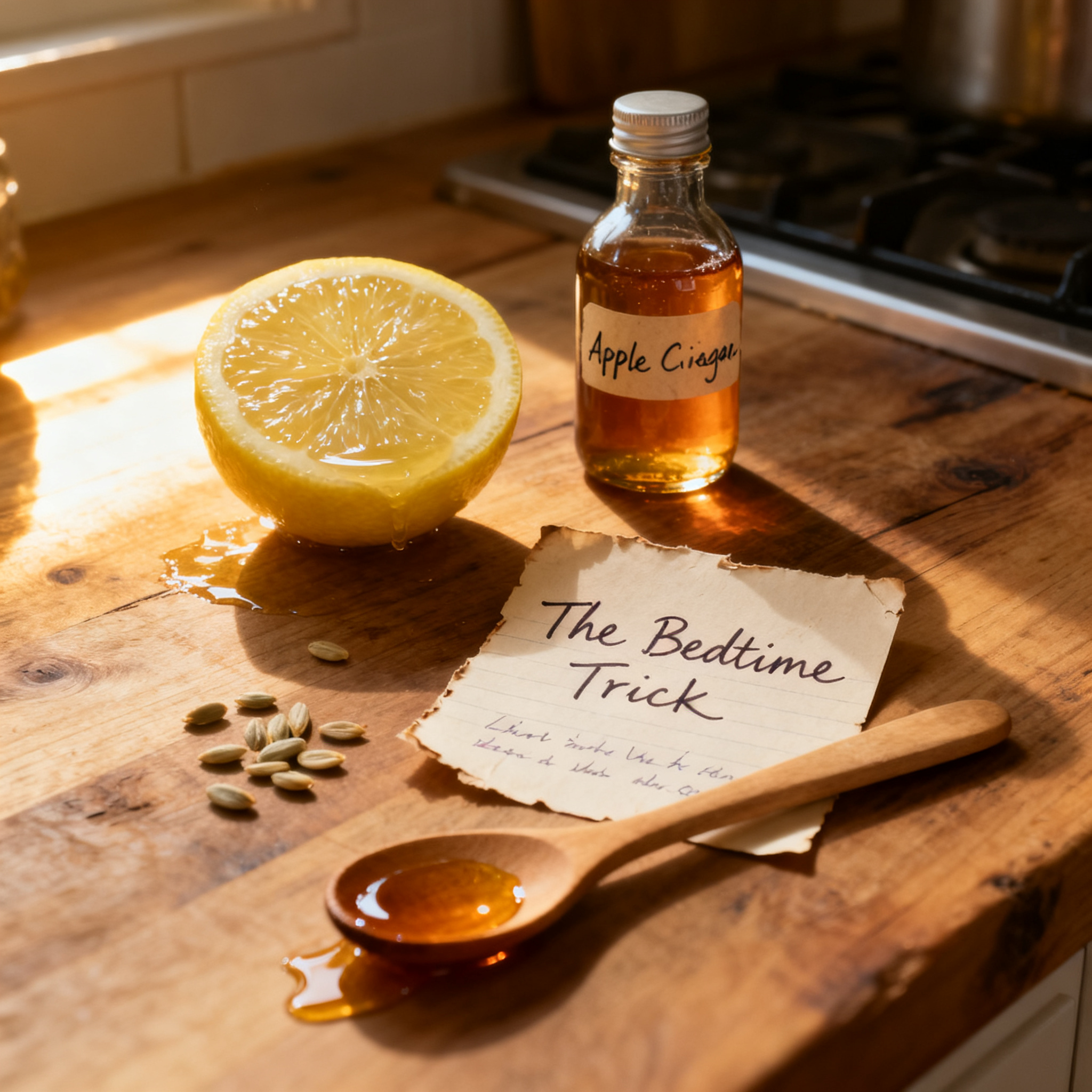 Man sitting on edge of bed at night, hand on ear, looking exhausted